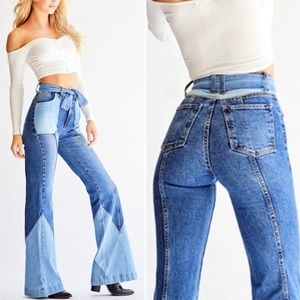 Revice Boogie Bells Jeans Pant High Waist Blue Wide Flare Leg Patchwork Two Tone